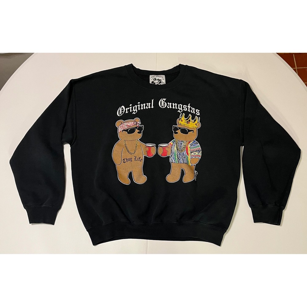 VTG Y2K Riot Society Original Gangstas Black Crewneck‎ Sweatshirt L Bear Graphic